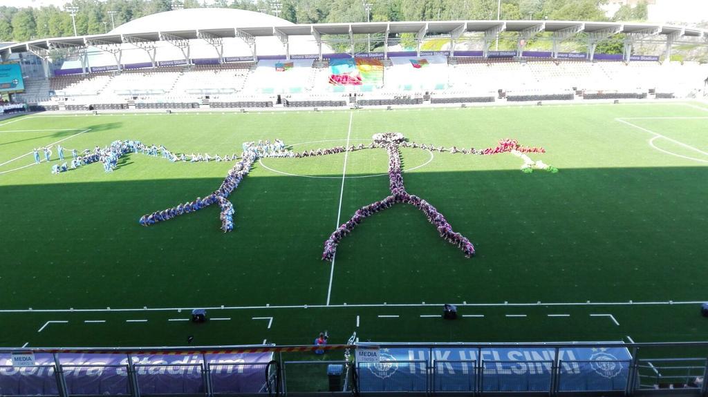 wg_2015's tweet photo. Large groups from Slovenia and Finland performing at Sonera Stadium on Wed. #wg2015 #MakeTheEarthMove http://t.co/E1XqcLDTdR