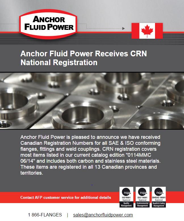 Anchor Fluid Power is proud to announce that we have received Canadian Registration Numbers!