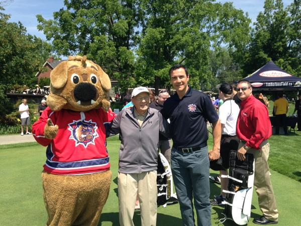 BulldogsOHL's tweet photo. Here's Bruiser and @SStaios chillin' with Johnny Bower at the @Keneskys Golf Tournament yesterday. #legend http://t.co/TRtyx8IL2B