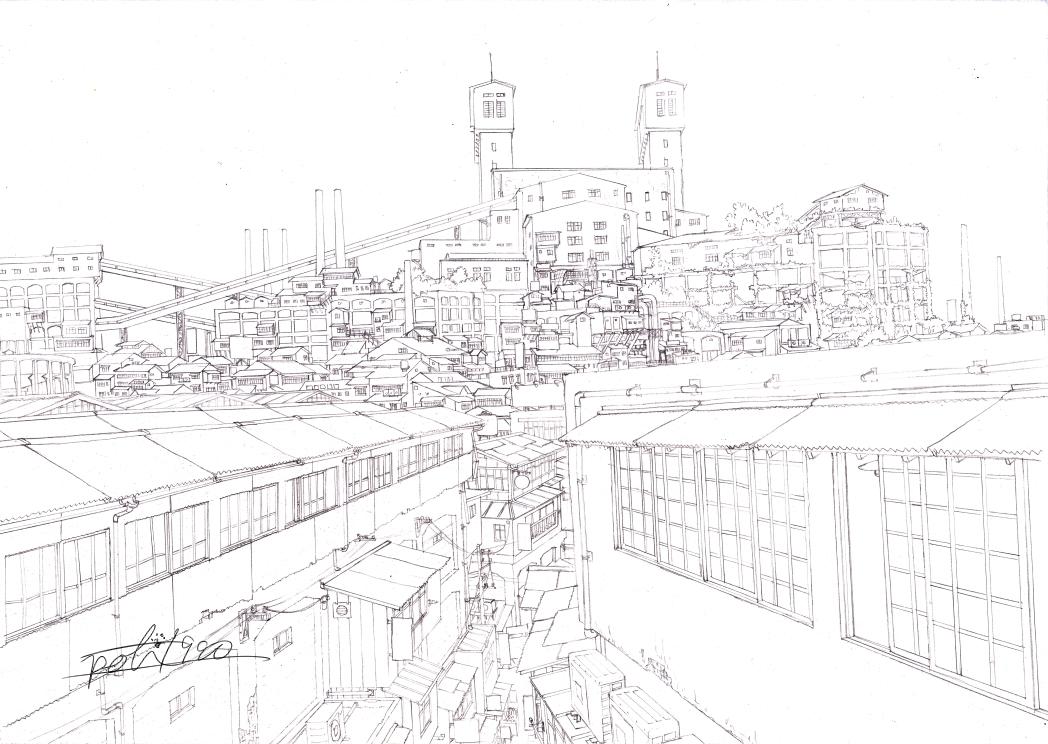ぽち 廃坑の街 で本気出してる絵は大体線画を不必要なほど細かく描いてるんだけど これは必要だからというよりは この作業が楽しいからわざわざやってる感じ いつも描きながらまちづくりしてます Http T Co Mgzab7d9vo