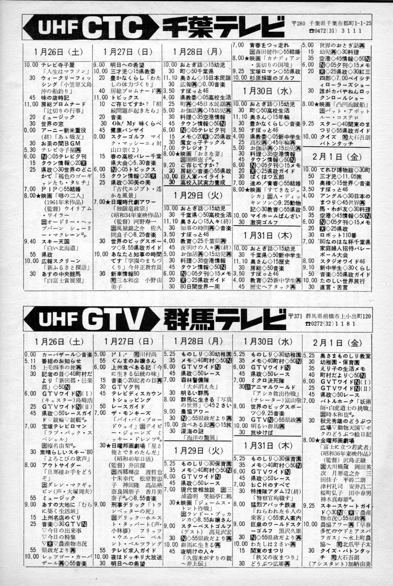 無賃乗車お断り 先日1993年当時の群馬テレビの省エネ番組 編成をrtしたことに関して さらにそれの上を行く超省エネで健全 な番組編成だった1980年1月現在の千葉テレビ 群馬テレビ テレビ埼玉の番組表 Http T Co P2il26xe Twitter