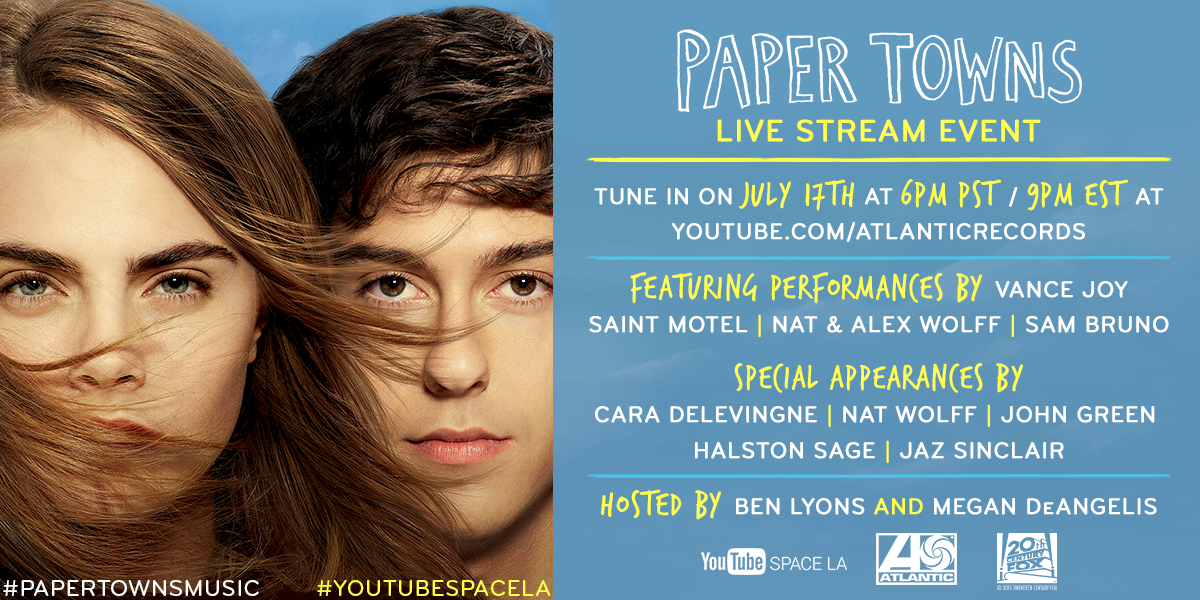PaperTownsMovie's tweet photo. Will you be watching the #PaperTownsMusic Live-Stream Concert with us tomorrow? Check out that line-up! http://t.co/qxQq256Z3n