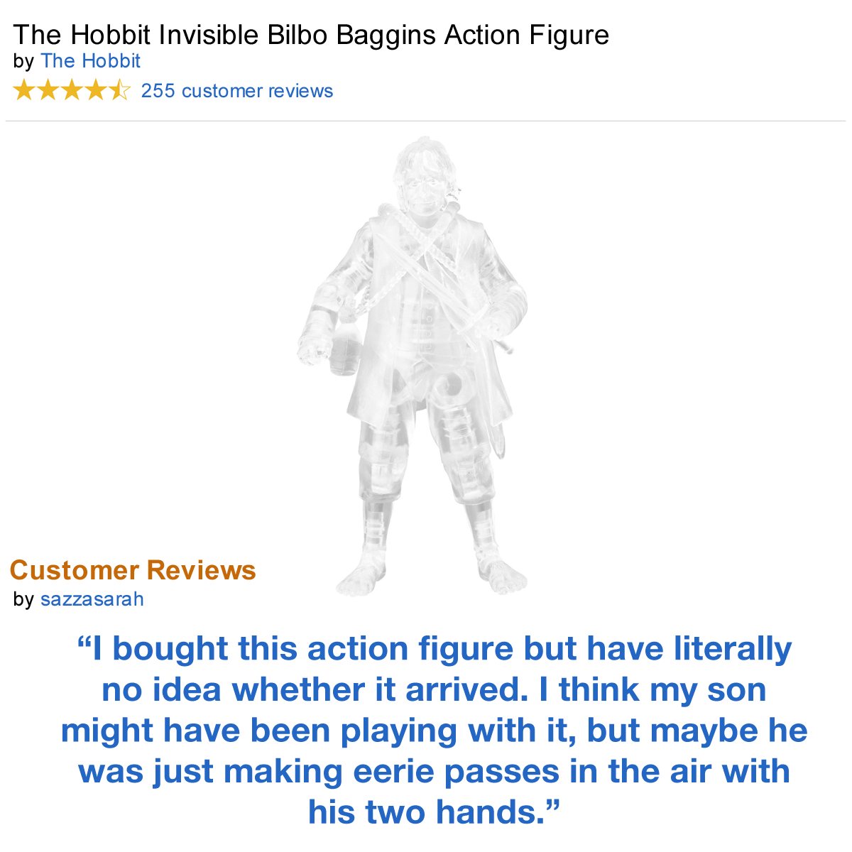 AmazonUK's tweet image. The Hobbit Invisible Bilbo Baggins Action Figure... amzn.to/1McQzXL #AmazonReviews
