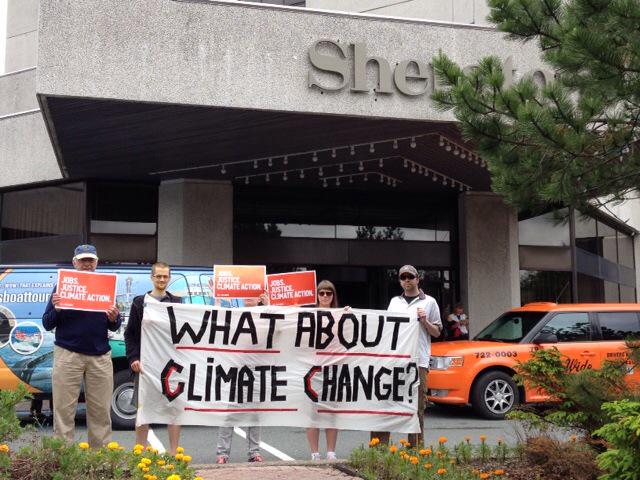 SJCNL709's tweet photo. Climate activists outside Premiers Meeting in St. John's #CoF2015 #PipeLineFastTrack #cdnpoli #nlpoli http://t.co/CxbsMnSbjG