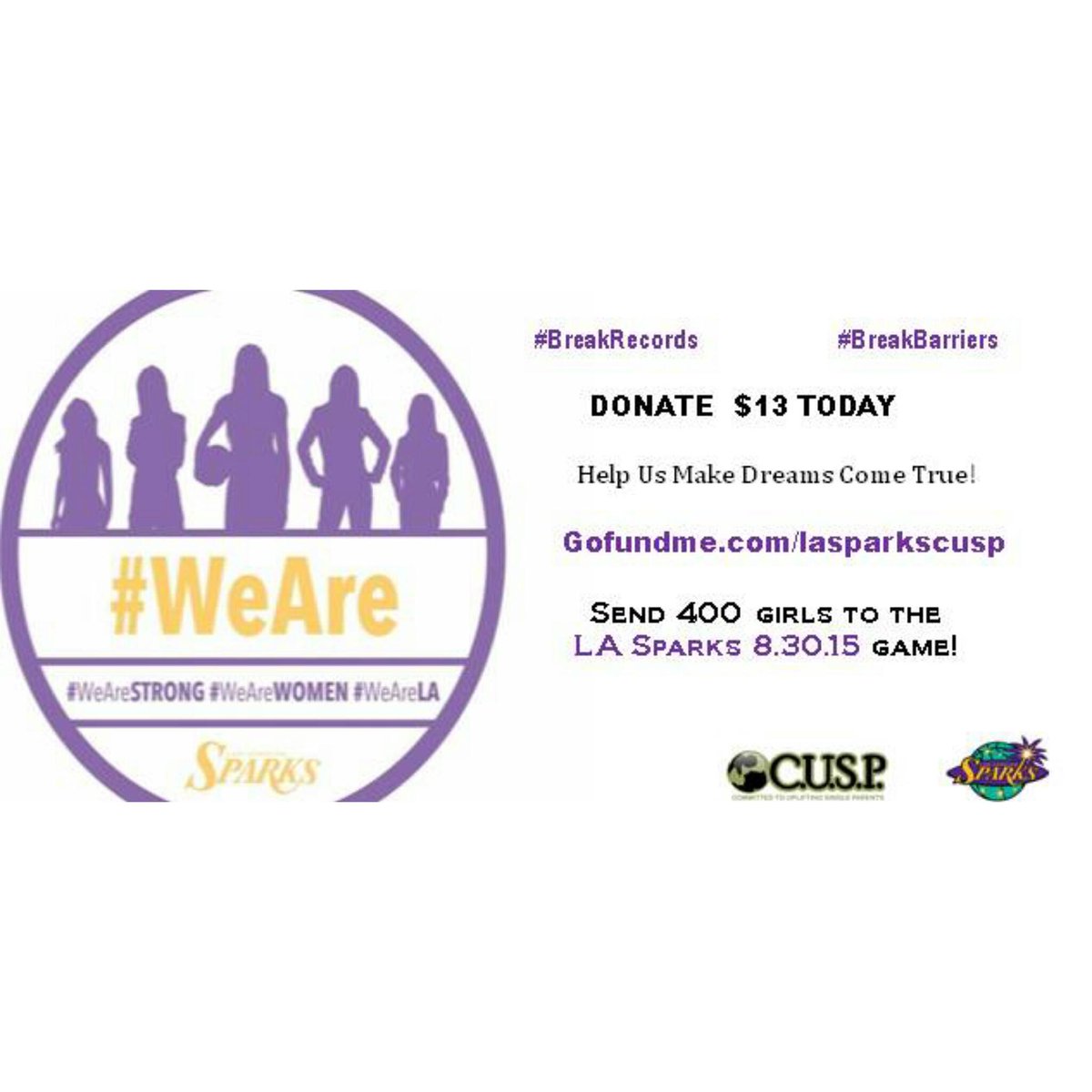 CUSPINC's tweet photo. Help us make Dreams come true! Send a young girl to the @LA_Sparks 8.30.15 game! Donate today to #empower our youth! http://t.co/MovbBGUWxf