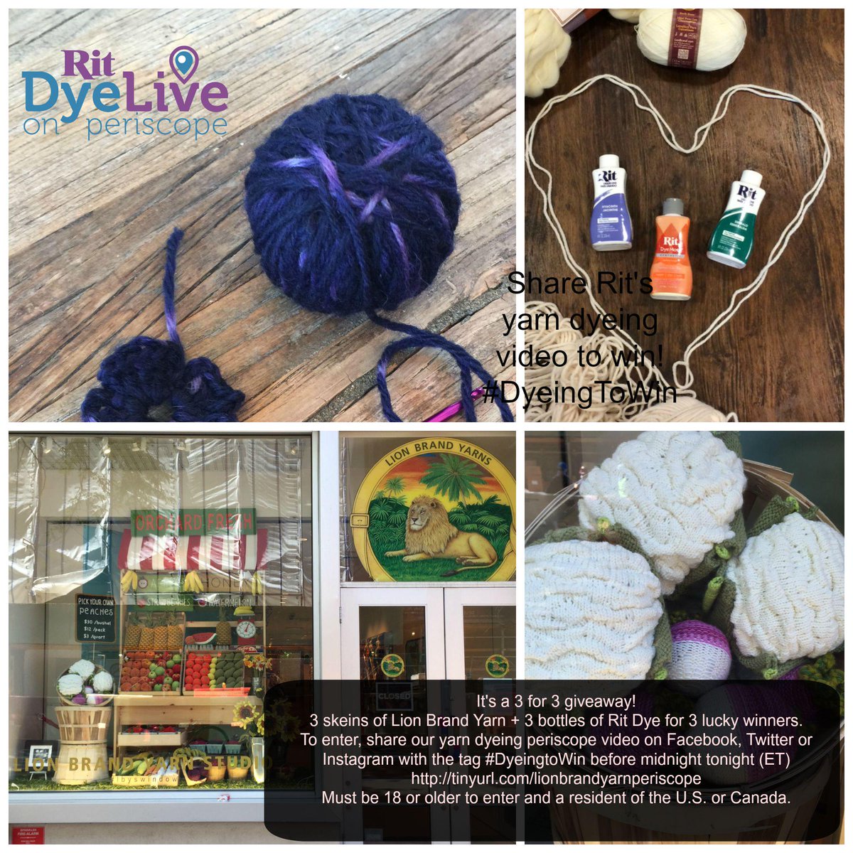 ritdye's tweet photo. 3 for 3 giveaway! 3 skeins of @LionBrandYarn Yarn + 3 bottles #Rit Dye. Share our Periscope video. #DyeingtoWin http://t.co/NbBbdZSDxF