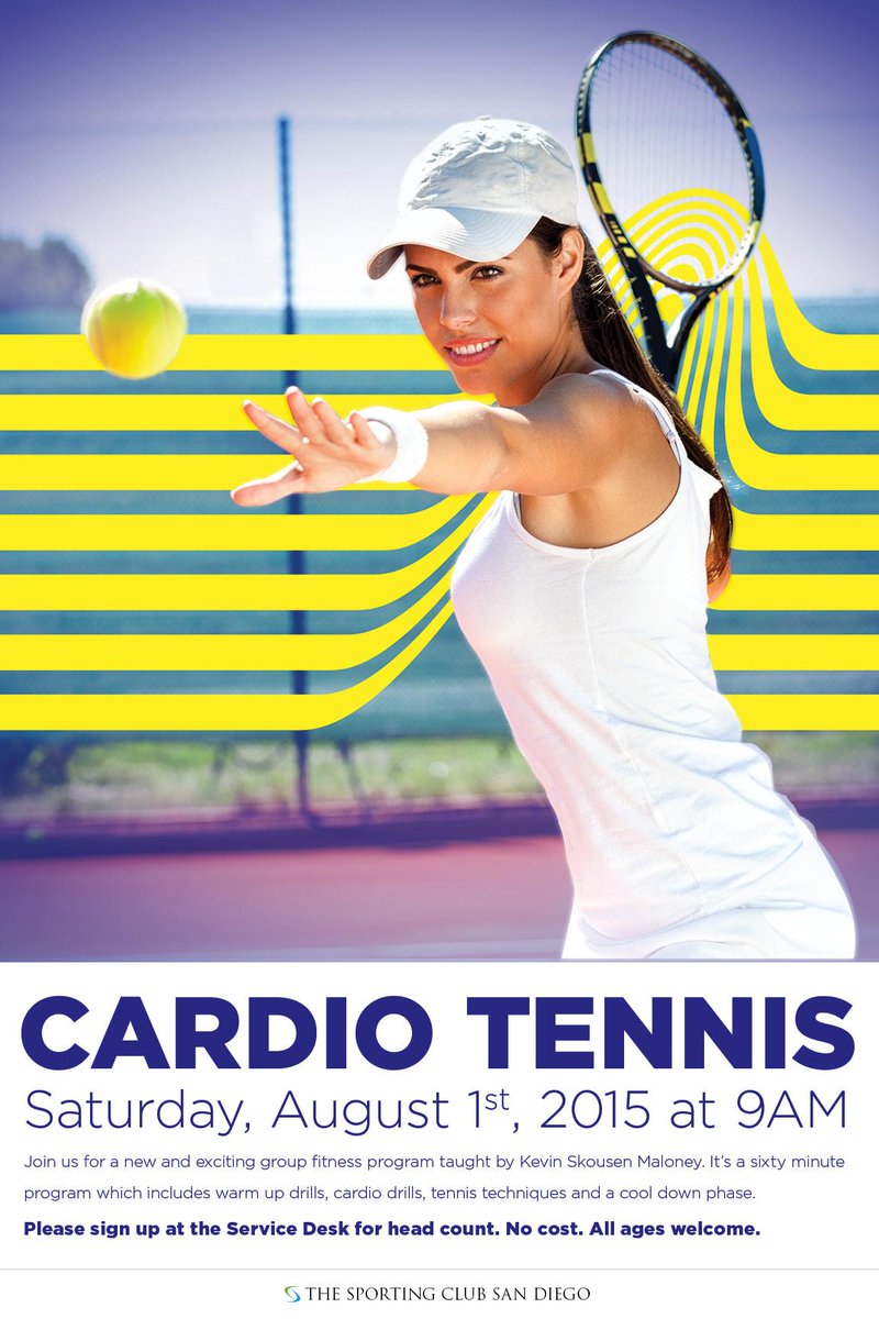 TheSportingClub's tweet image. Join us for Cardio Tennis:
Saturday, August 1, 2015 at 9AM. 
Sign up at the Service Desk. No cost. All ages welcome.
