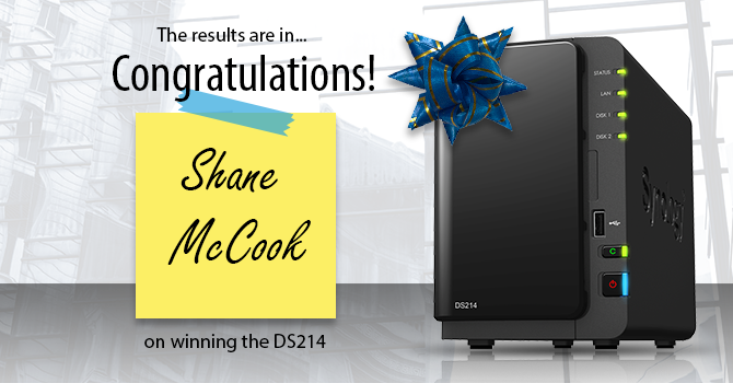Synology's tweet photo. Congrats, Shane McCook on the WIN! - Learn about how the #DS214 is built for productivity! http://t.co/TcBcvP41C6 http://t.co/zQdEFumRtk