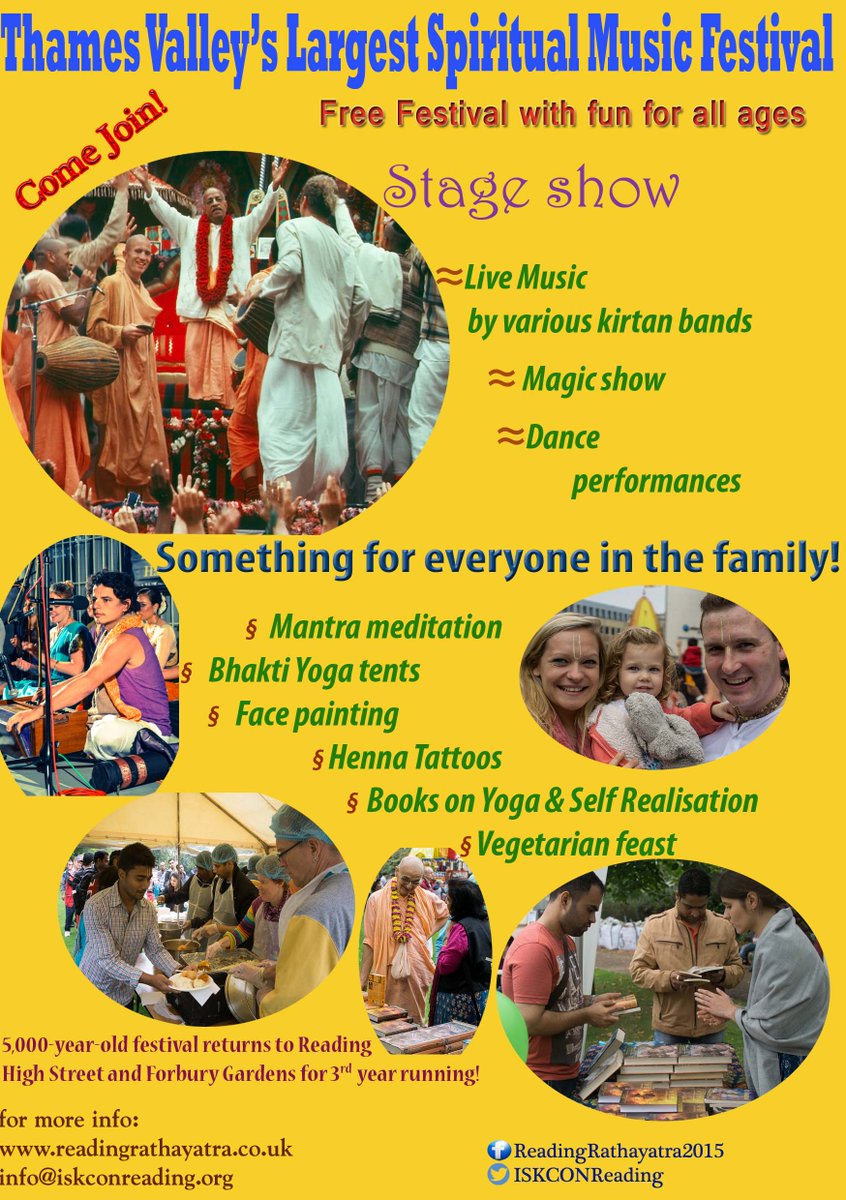 ISKCONReading's tweet image. Reading Rathayatra Festival on 8th August 2015 in Forbury gardens.
FREE spiritual music festival.fun for all ages