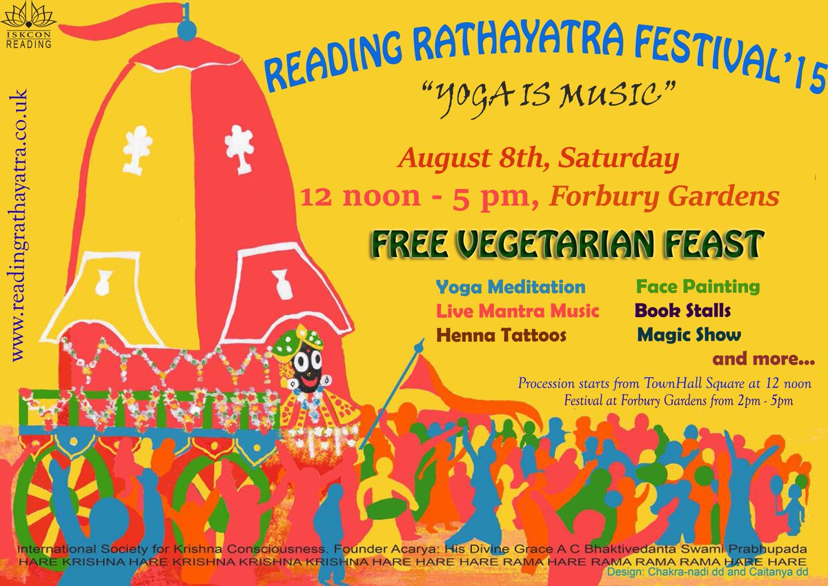 ISKCONReading's tweet image. Reading Rathayatra Festival on 8th August 2015 in Forbury gardens.
FREE spiritual music festival.fun for all ages