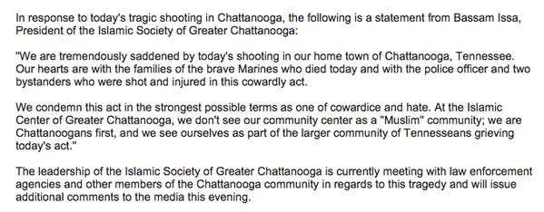 ChloeNooga's tweet photo. Statement from Islamic Society of Greater Chattanooga. #ChaShooting http://t.co/AxajSwADNj