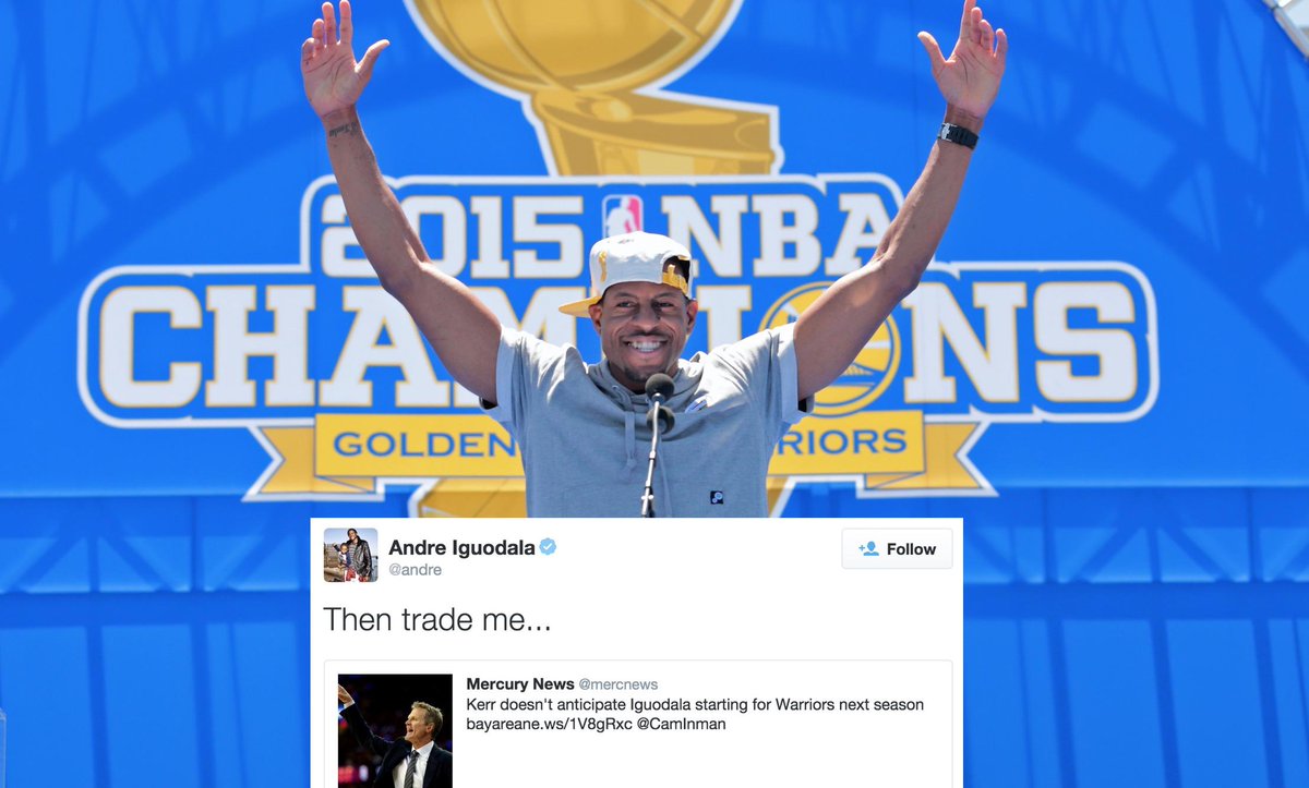 BleacherReport's tweet photo. .@andre Iguodala trolls Warriors fans by tweeting he wants to be traded if he’s not a starter http://t.co/lhsqx1yEni http://t.co/nERkvF9KLF