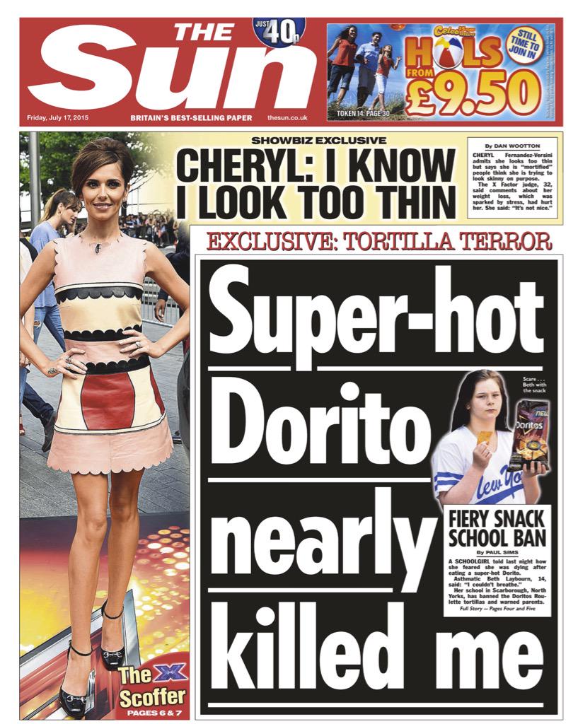 Friday's Sun "Superhot Dorito nearly killed me" BBCPapers
