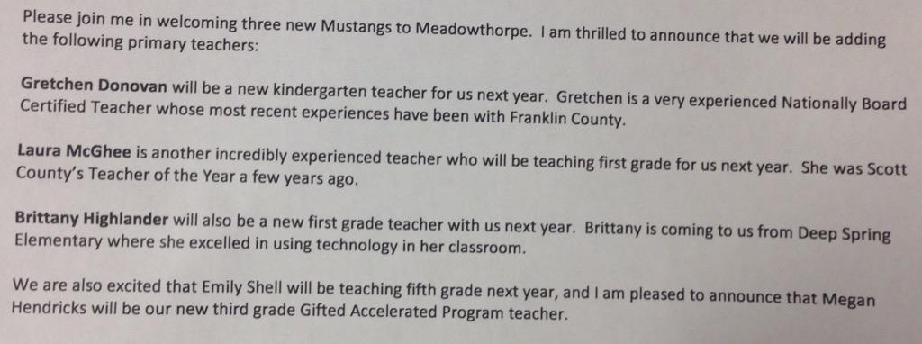 PrincipalKatte's tweet image. Please join me in welcoming and congratulating three new Mustang teachers! See attached message.