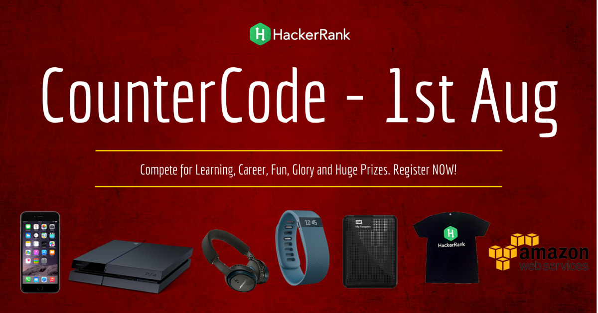 hackerrank's tweet photo. Register NOW for the most exciting programming contest of the year #CounterCode at http://t.co/ICigJf3NE9. http://t.co/L5rmZKVrUt