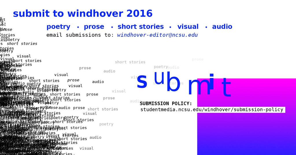 WindhoverNCSU's tweet photo. Never too early to submit -- accepting poetry/prose, short story, audio, and visual submissions for the 2016 edition http://t.co/dl4ONT2XbG
