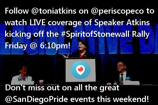 toniatkins's tweet photo. I'll be LIVE on @periscopeco kicking off @SanDiegoPride at #SpiritofStonewall rally in @BalboaPark tmrw at 6:10pm! http://t.co/XkXtOn8Fve