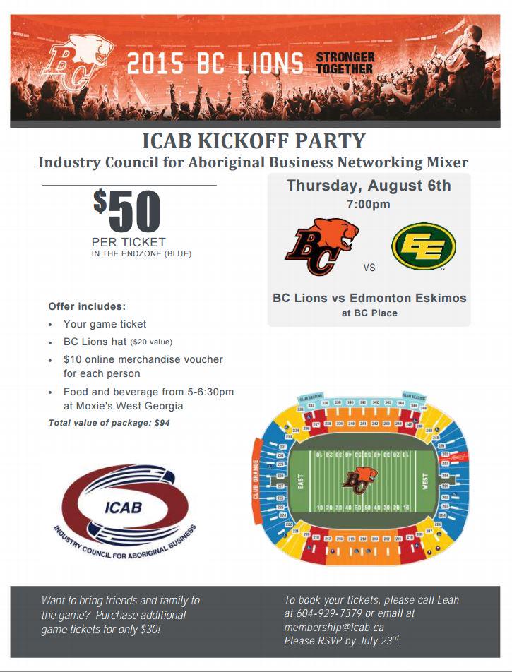 ICAB_Aboriginal's tweet photo. ICAB KICK OFF PARTY! $50 your game ticket,#BCLions hat,$10 online merch voucher &amp; food &amp; drink @Moxie's 604-929-7379 http://t.co/yQNpKsofgs