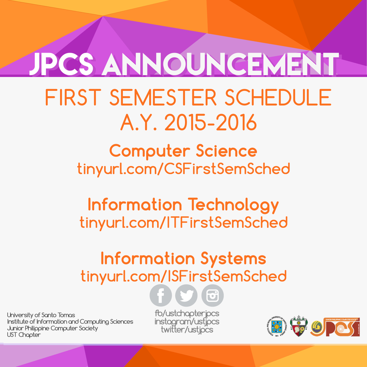 USTJPCS's tweet image. FIRST SEMESTER SCHEDULE for Academic Year 2015-2016