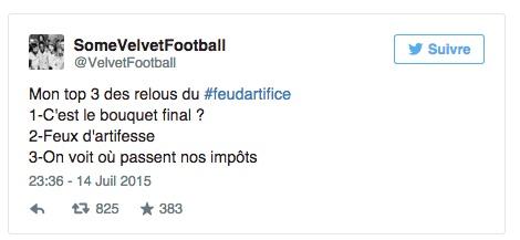 #TWEETDECARACTEREDELASEMAINE Bravo @VelvetFootball pour votre tweet #Fetenationale #14Juillet #Feudartifice