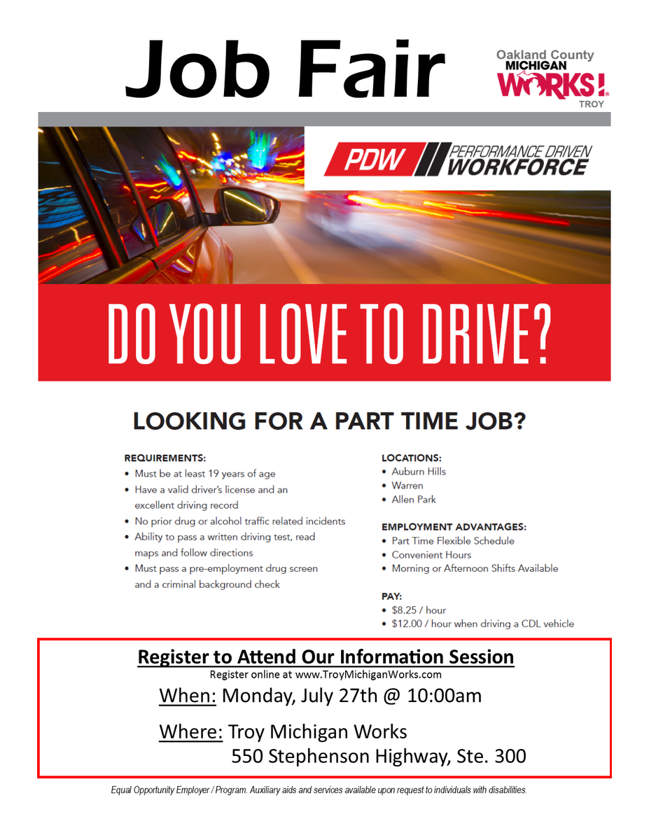 #JobFair &amp; info session at <a href="/TroyMIWorks/">Troy Michigan Works</a> on Monday, 7/27 at 10am for p/t #drivers in #OaklandCounty. #MIJobs #hiring