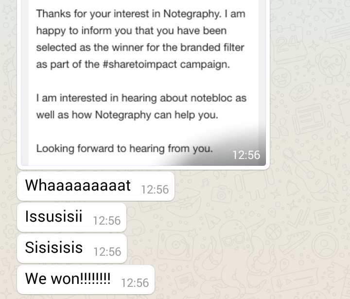Notebloc's tweet photo. Our reaction on winning the #Notegraphy filter in #sharetoimpact @IMPACT_acc Thank you so much @HelloNotegraphy http://t.co/IMeGzu769v