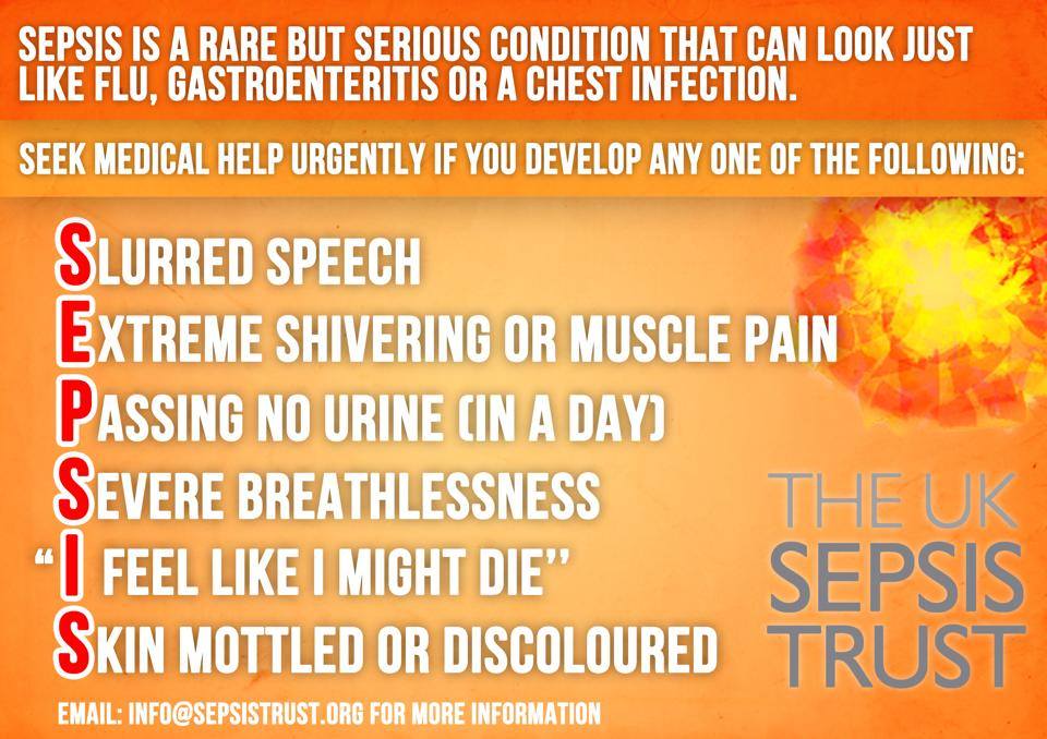 UKSepsisTrust's tweet photo. #Sepsis is a life-threatening condition - Our #symptom checker shows you the 6 symptoms to look out for. #Awareness http://t.co/7qofaLQkEd