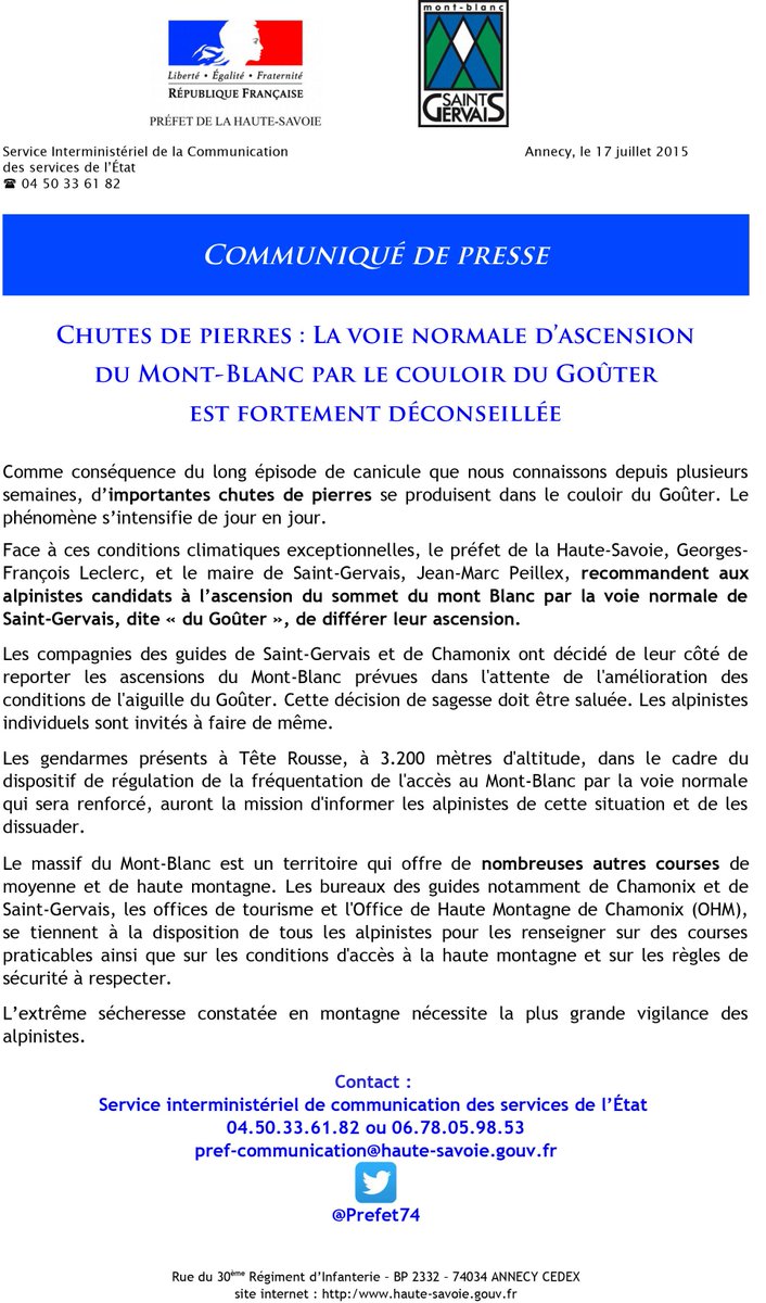 Prefet74's tweet photo. En raison des chutes de pierres, la voie normale d'ascension du Mont-Blanc par le couloir du Goûter est déconseillée http://t.co/K9B5Q35S3h
