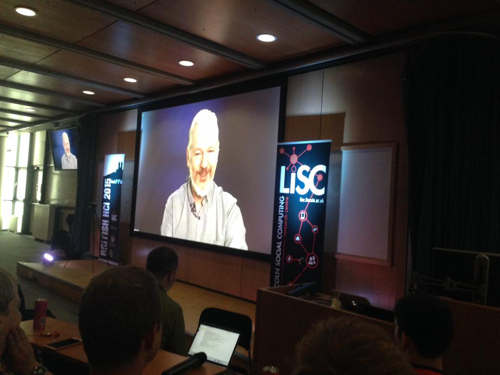 MattyTatwood's tweet photo. Julian Assange speaking at #britishhci2015 &amp; answers the burning HCI question 'should dogs have the internet?' http://t.co/qsbhwNsWfV