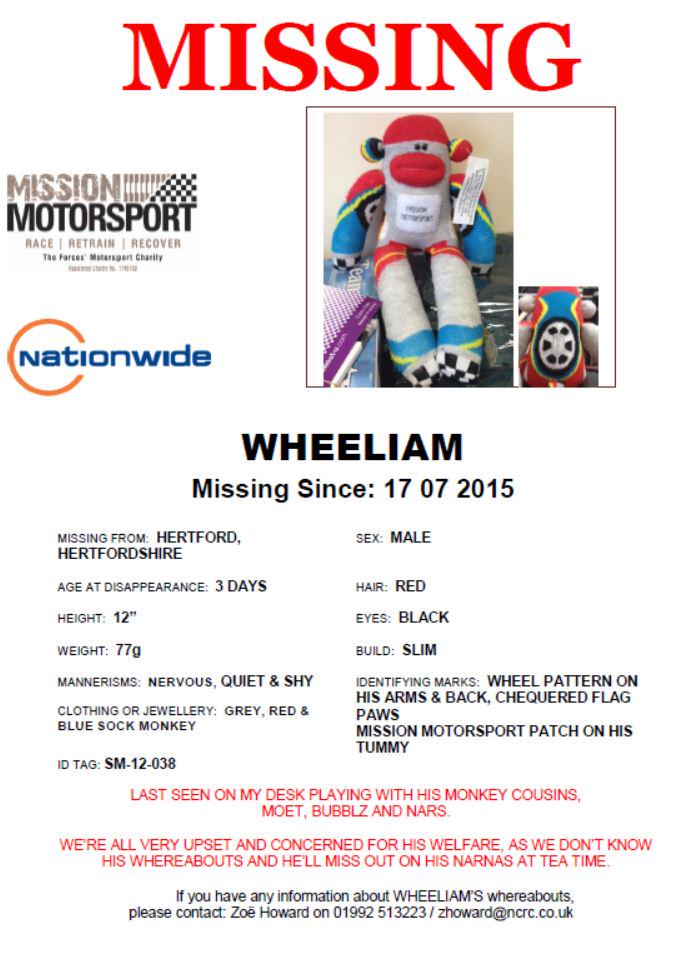 MrrNARS's tweet photo. #monkeyrozzers suggest Missing Poster. #whereswheeliam #missingmonkey #monkeymassive @Missionmotorspt @wefixyourcar http://t.co/jmK9xLMoaM