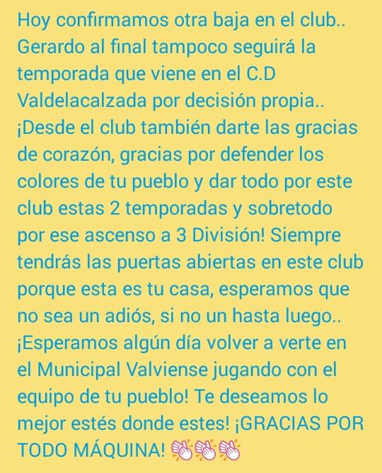 CDValdelacalzad's tweet photo. OFICIAL/ Baja en el @CDValdelacalzad .. @v7gerard  tampoco seguirá..¡Gracias por defender los colores de tu pueblo!👏👏 http://t.co/YiLeHj1u80