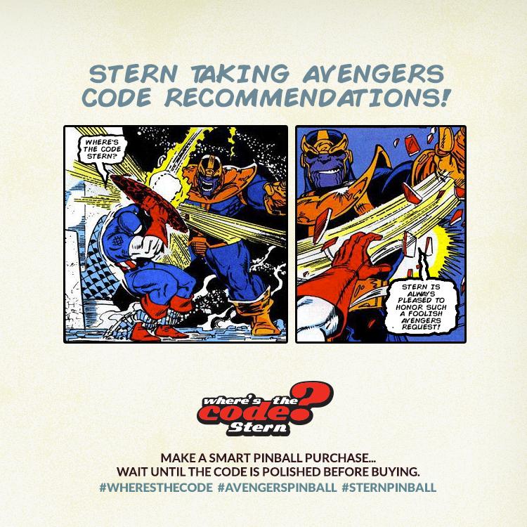 whereisthecode's tweet image. The Captain asking @sternpinballinc for #avengerspinball code updates... #wheresthecode !