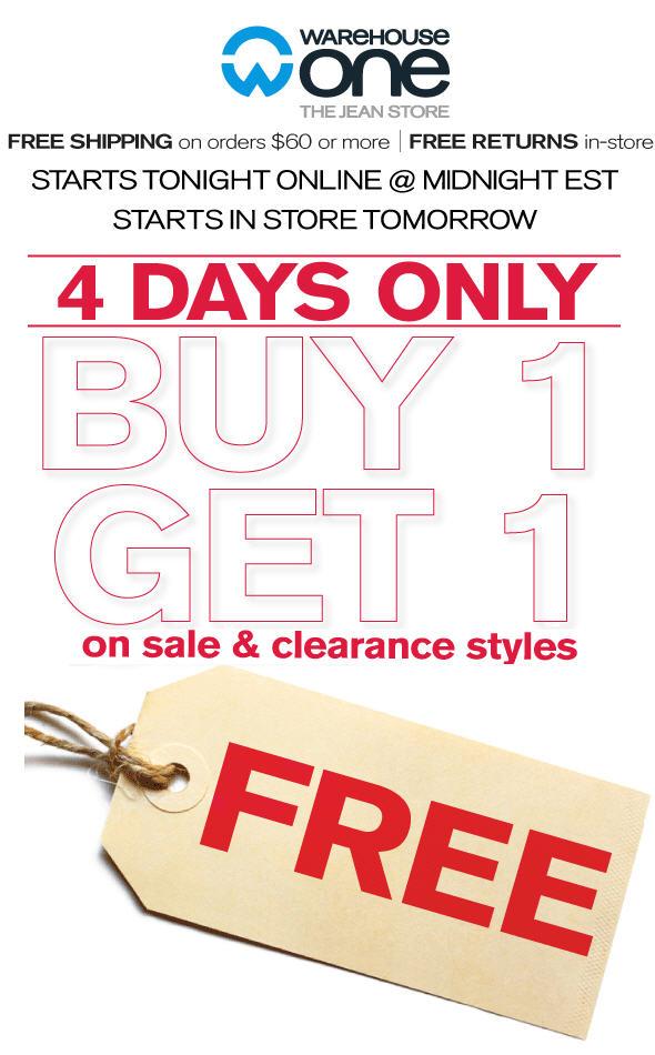 _HighlandSquare's tweet image. 4 days only!! Buy one, get one FREE on sale &amp;amp; clearance styles!! In-store and online!! Only at @WarehouseOne !!