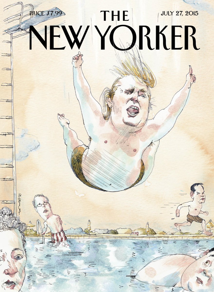 NewYorker's tweet photo. An early look at "Belly Flop," next week's cover of Donald Trump, by Barry Blitt: http://t.co/ZCWPk9czJL http://t.co/p4Yg1k2mG9