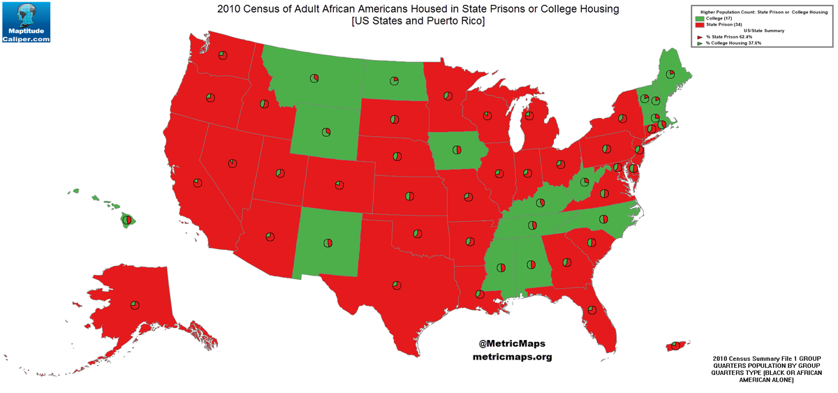 ApolloMapping's tweet photo. Disturbing look at African American prison populations versus college - those in red have more in prison than college http://t.co/bIO27b1UP1