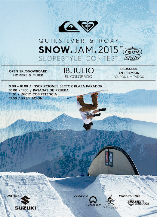 CristalLightCL's tweet photo. Ven mañana al Quiksilver&amp;Roxy Snow Jam en El Colorado. Los más grandes exponentes del ski y snowboard de Chile 🏂 http://t.co/LVGniXV02l