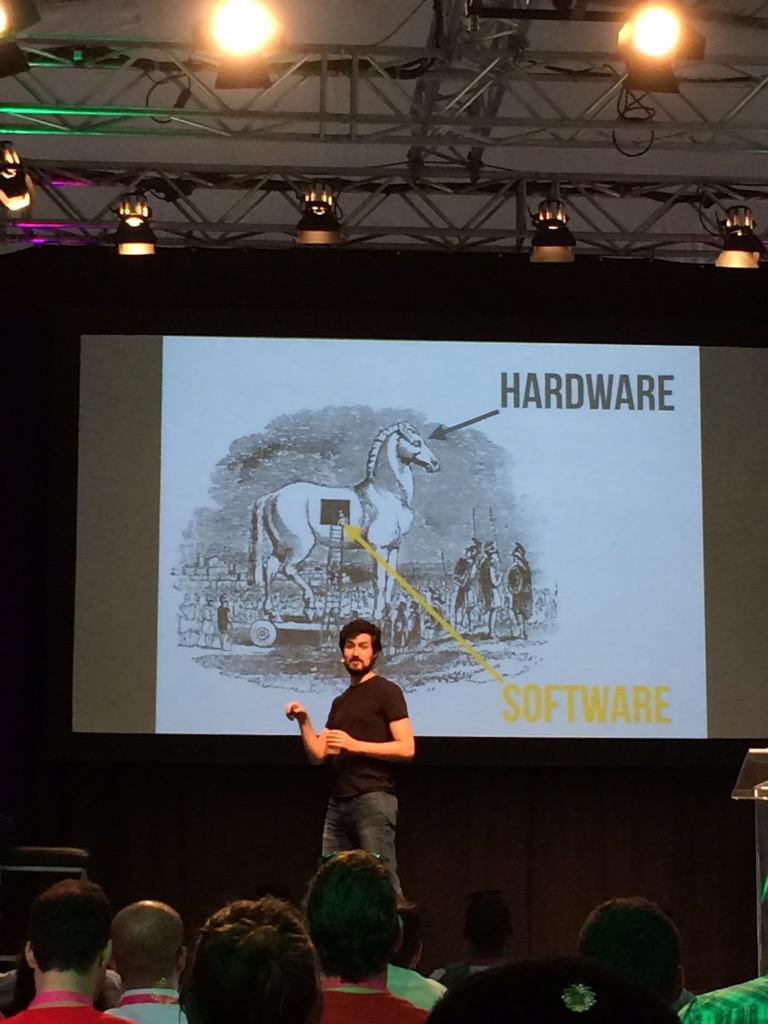 mashup_LAB's tweet photo. "Hardware is just software wrapped in plastic" @BenEinstein w/ @BoltVC #startupfest http://t.co/utvsiPDW2g