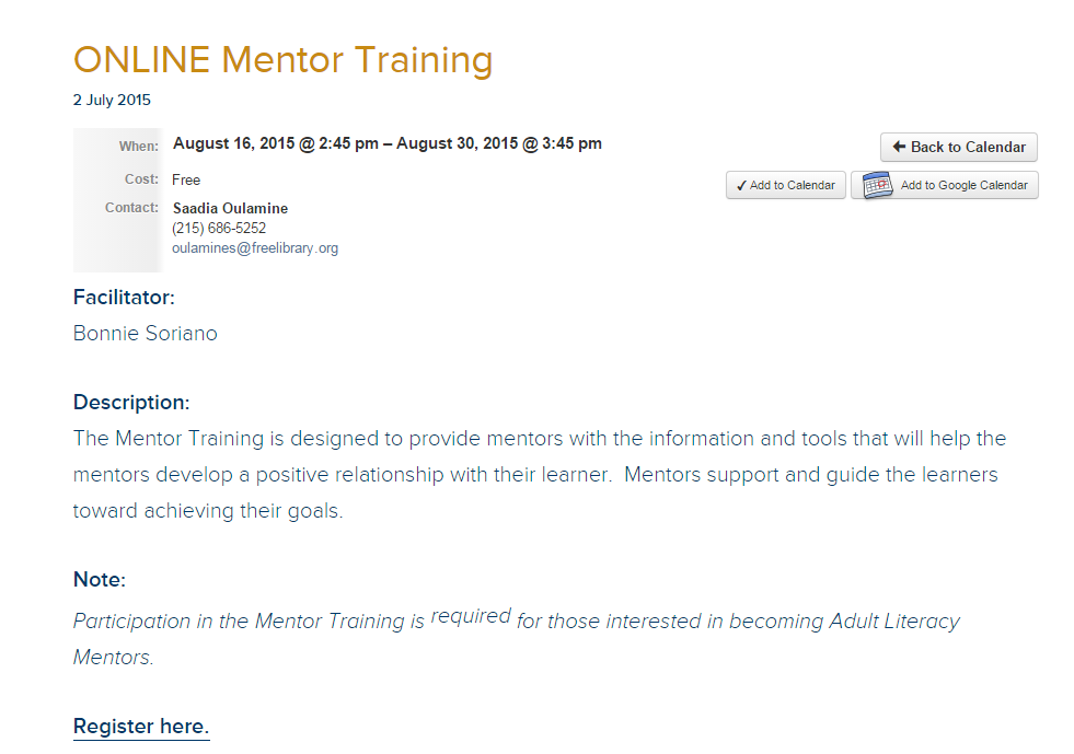 Hey Philly #Mentors <a href="/PhilaLiteracy/">Office of Adult Education</a> is running online mentor training this August! Follow link! goo.gl/F5zcte
