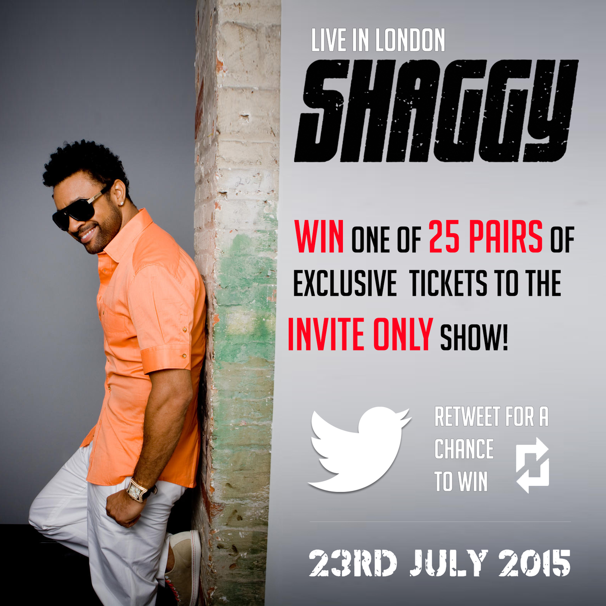 DiRealShaggy's tweet photo. UK! RT this tweet to be in with chance of joining me at my secret single launch in London! http://t.co/ntW76EvLaO http://t.co/S6oEXvjud7