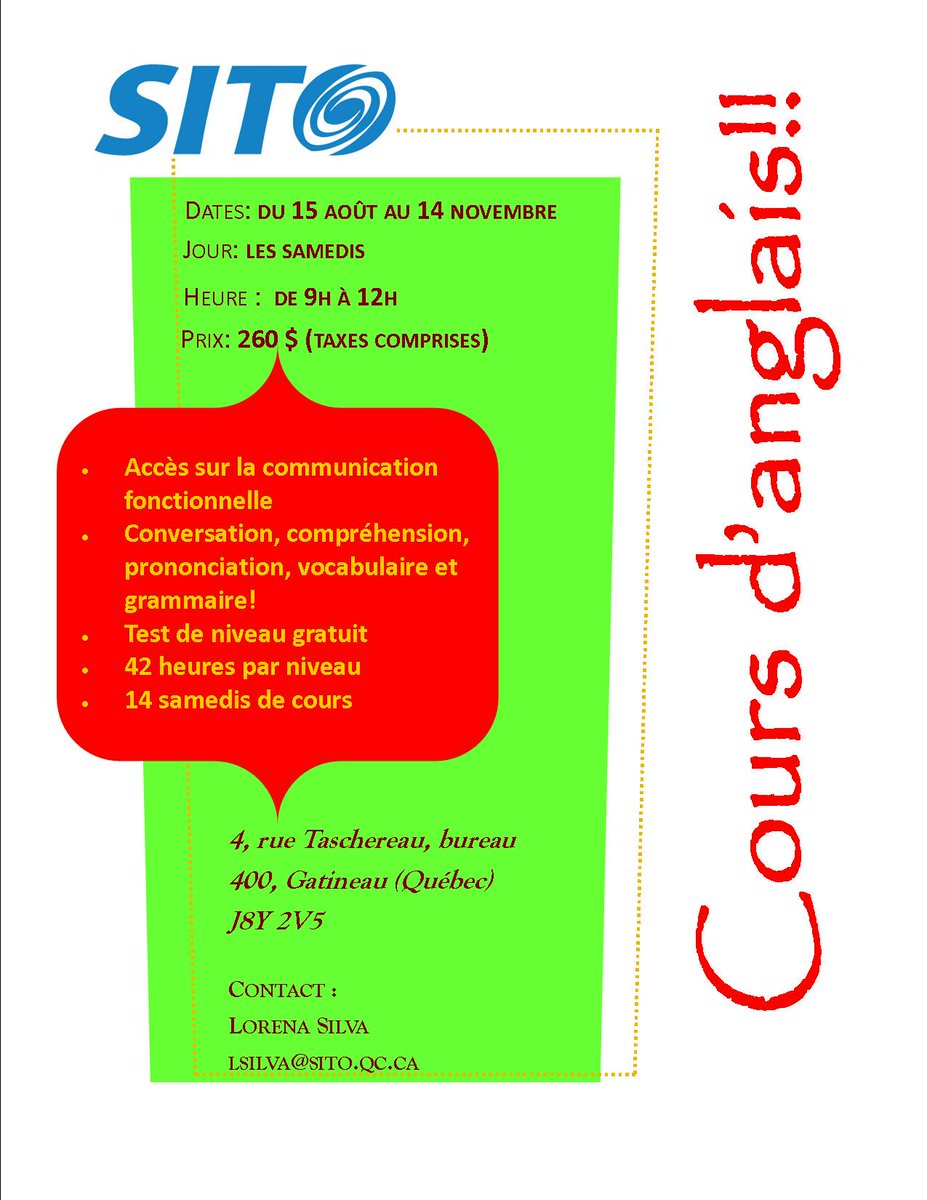 SITOGatineau's tweet photo. Inscrivez-vous dès maintenant à nous cours d’#anglais. Consultez notre site web http://t.co/eRongbOTXs http://t.co/7Ac11bu2Bm