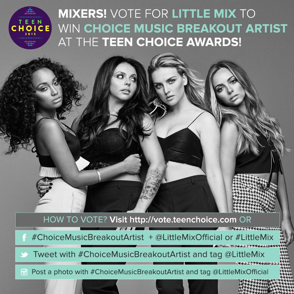 LittleMix's tweet photo. Still can't believe we're up for #ChoiceMusicBreakoutArtist at @TeenChoiceFOX. LOVE all our Mixers voting!! Perrie <3 http://t.co/IDtYyilsN7
