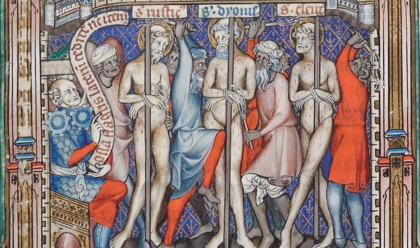 #MiniatureMoment: Saints Denis, Rusticus and Eleutherius are whipped. BnF français 2092: gallica.bnf.fr/ark:/12148/btv…