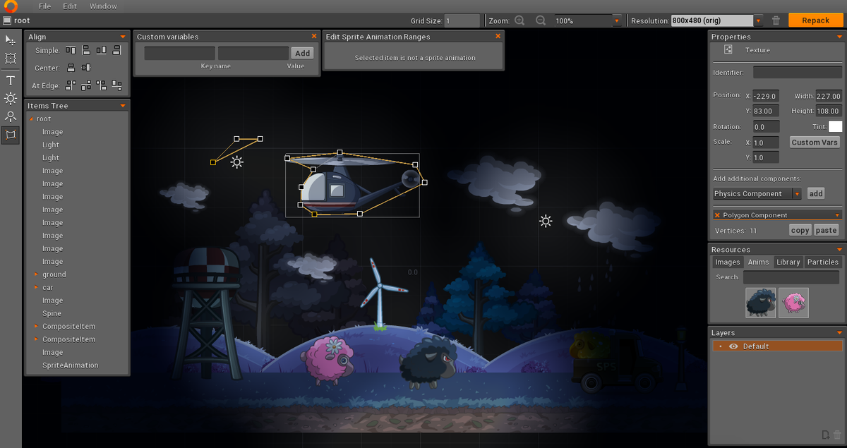 Overlap2D's tweet photo. Seems to be running well on osx too. CPU is very calm. Some minor bugs regarding z-index, will fix that tomorrow. http://t.co/j1zYnVY6kd