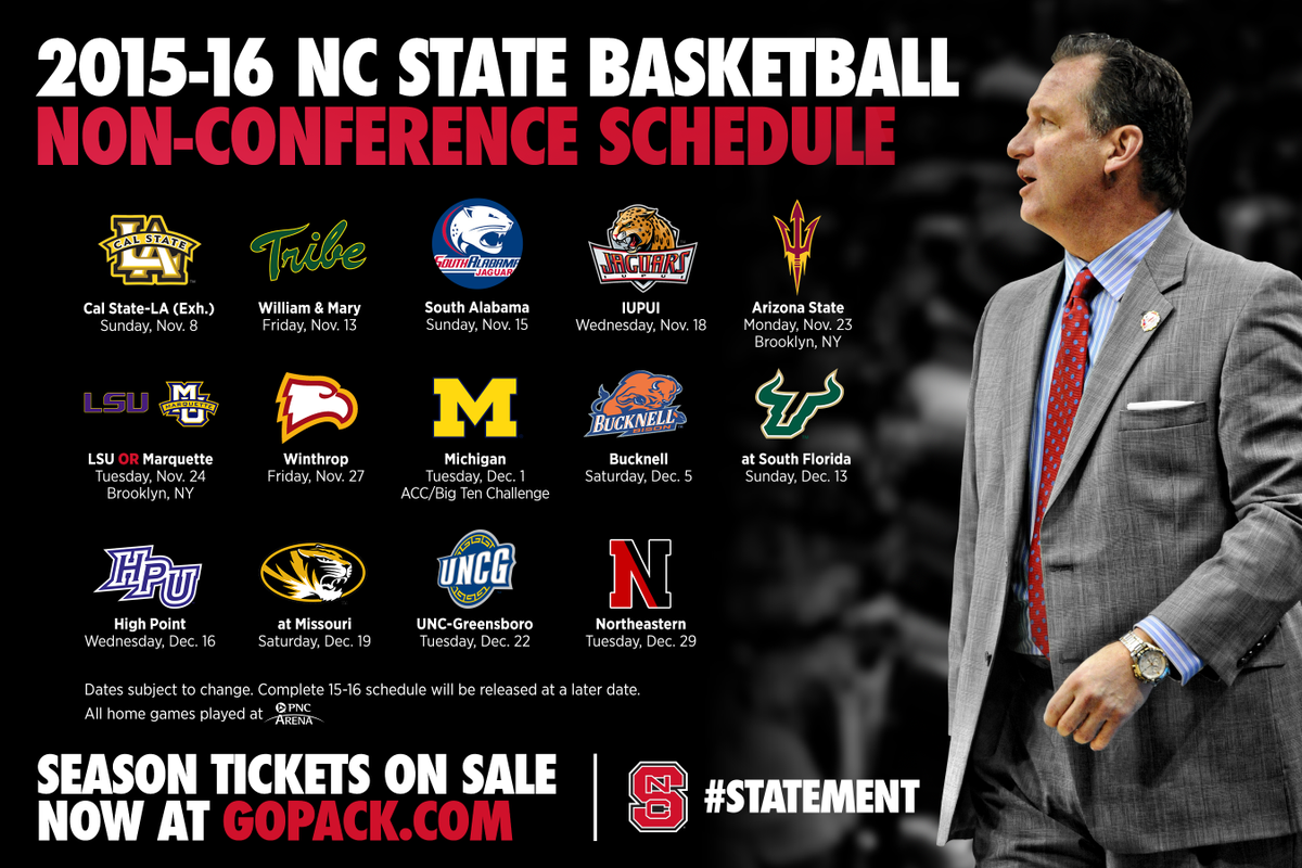 PackAthletics's tweet photo. ICYMI @PackMensBball released its 2015-16 non-conference schedule: http://t.co/9B2L5fyMTO http://t.co/r1VLwMwbHn