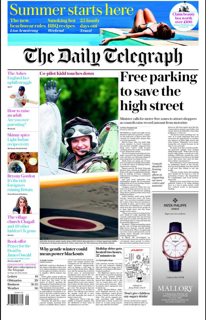 BBCNews's tweet photo. Saturday's Telegraph: "Free parking to save the high street" http://t.co/MqRnkIOl86 #BBCPapers #tomorrowspaperstoday (via @hendopolis)