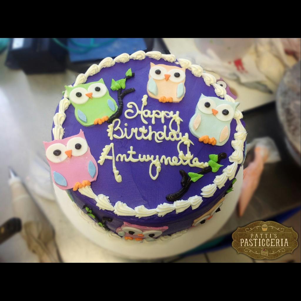 Patti_Bakery's tweet photo. Cute and photogenic owl birthday cake from our decorator Beth!! #cake #pattisbakery #birthdaycake http://t.co/RLCnWxYs9U