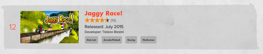 STUDIO777_net's tweet photo. #JaggyRace for #OUYA is ranked 12th in the O-Rank list!
Very happy to know it's giving that much fun! THX 4 playing! http://t.co/frXkBH0cIL