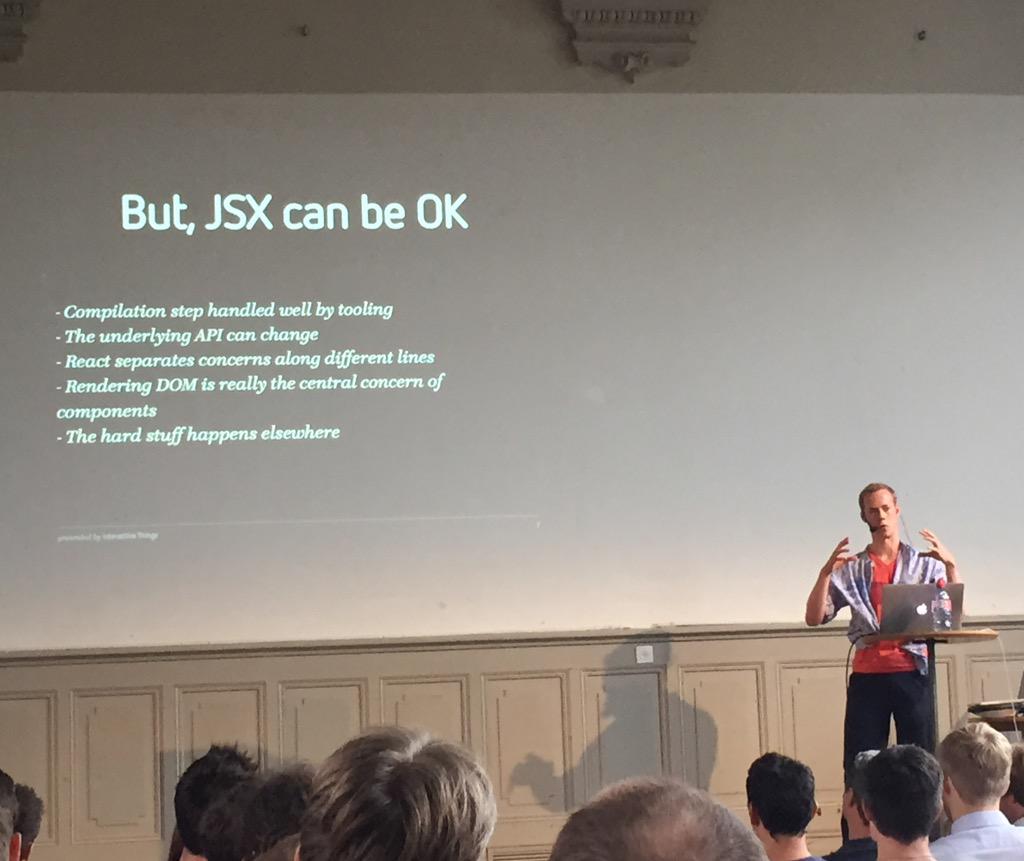 jbandi's tweet image. JSX *can* be OK ... @MarkHintz is looking behind the hype of #ReactJS at #SwissJS.