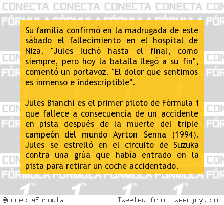 conectaFormula1's tweet photo. Muere el piloto francés Jules Bianchi.
#DEPBianchi #F1 #Fórmula1 http://t.co/2C4eUPVA5k