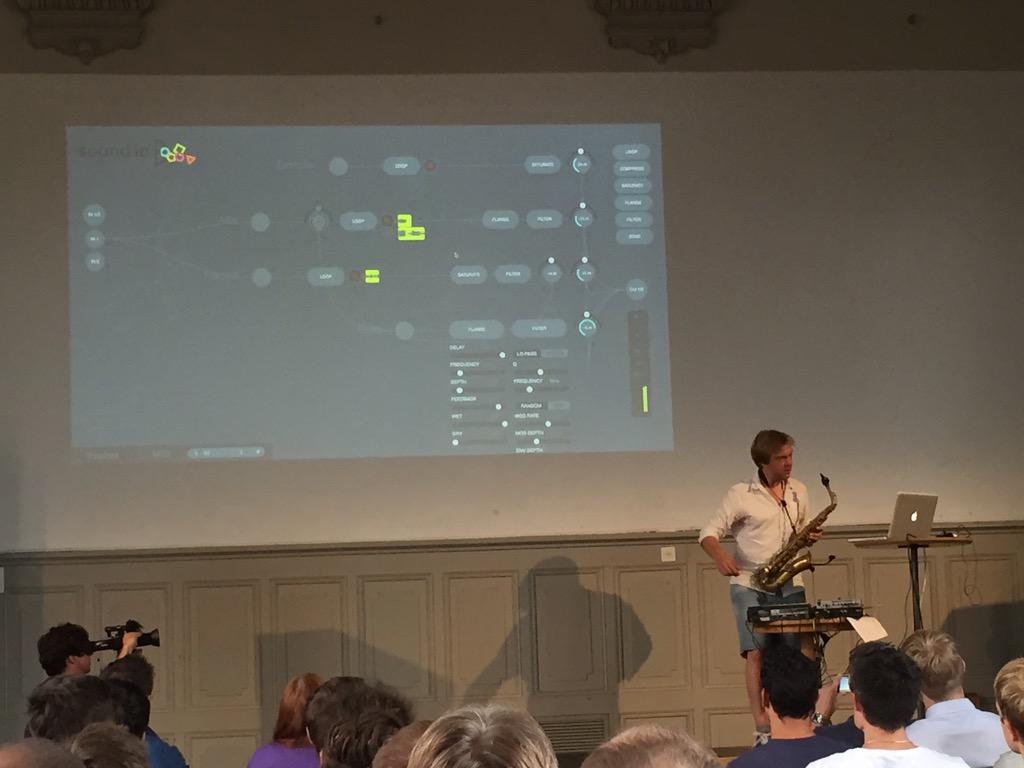 jbandi's tweet image. Ok, we left the enterprisy stuff behind at #swissjs. @stephband performing live on stage using #webaudio